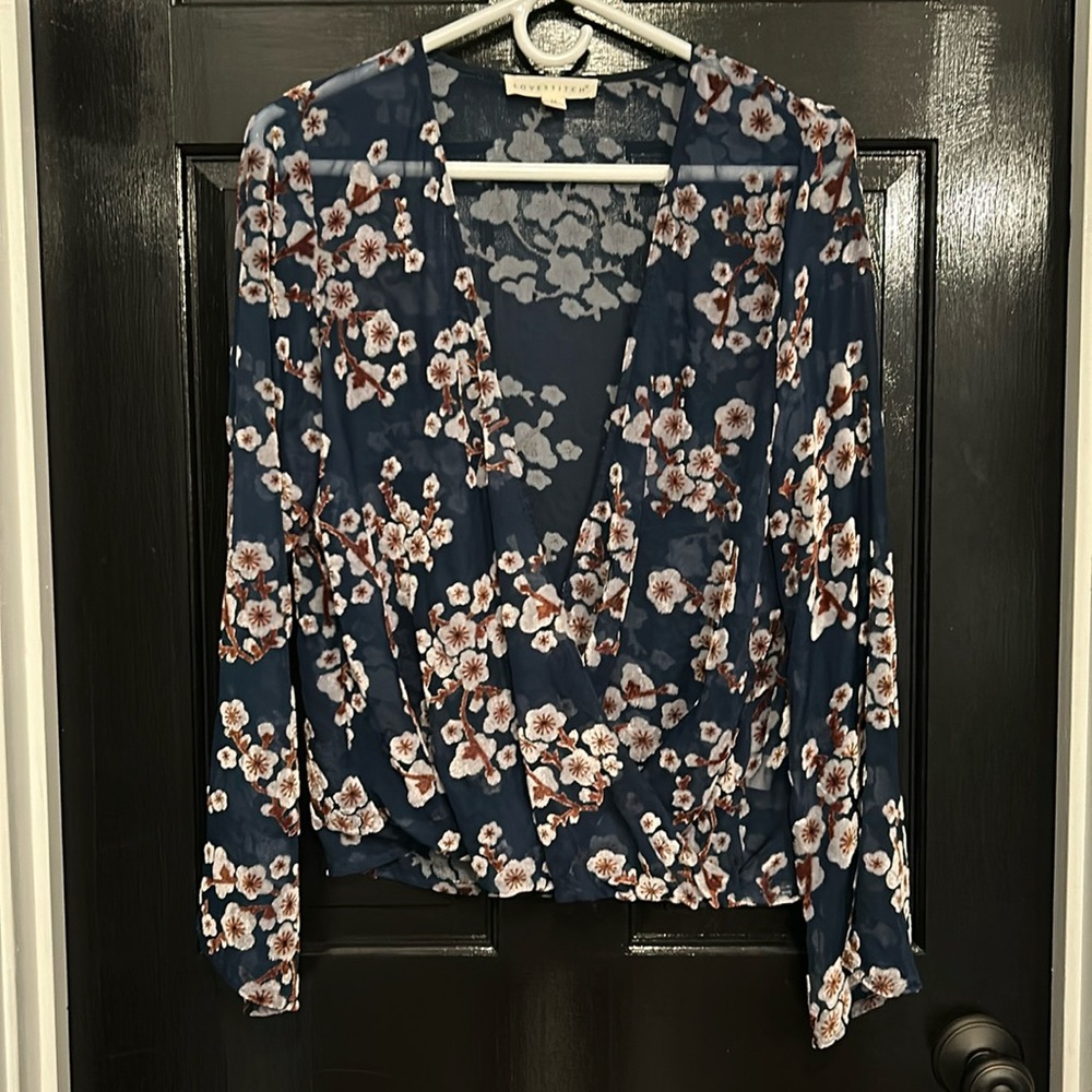 Lovestitch Navy Blue Sheer Floral Velvet Blouse Size Medium